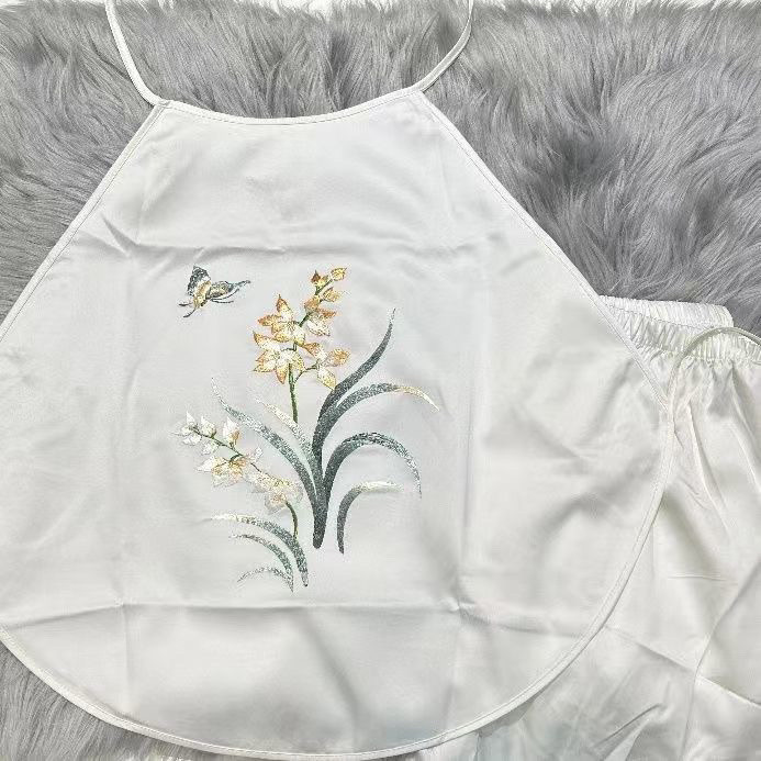 Size Lớn 100kg Bộ Đồ Ngủ Thêu Nữ Mỏng Camisole Quần Short Phù Hợp Với Loungewear Thêu Bellyband Nữ