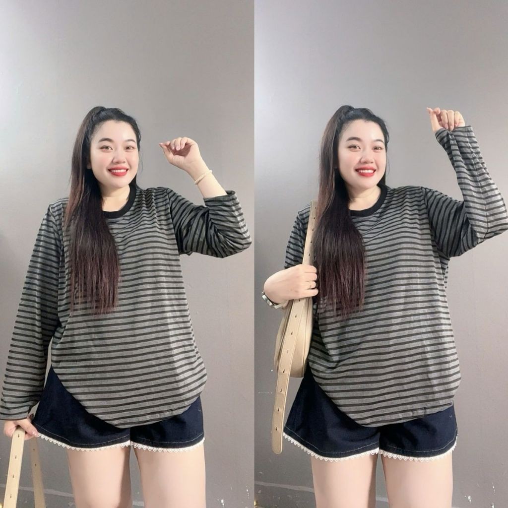 Áo thun Nữ Bigsize CÔ NHỎ Phom Rộng Dài Tay Cổ Tròn Kẻ Sọc Thun Cotton Co Giãn Nhẹ - A296