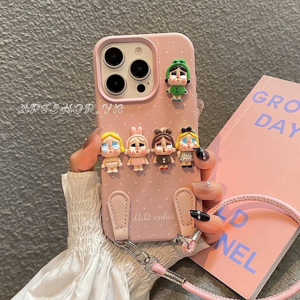 3D Khóc Bé Gái Dây Da Ốp Lưng Điện Thoại iPhone 17ProMax 16Plus 15 14 13 12 11 Vỏ Bảo Vệ Chống Sốc