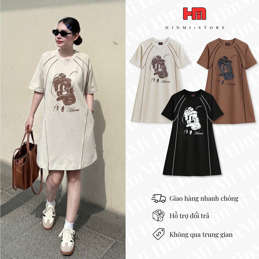 Váy Chữ A Dáng Suông_In Hình Con Chuột_May Phối Viền Lé Thân_Form Rộng Nữ Tính_Cổ Tròn Thoải Mái (IN CHUỘT_VIỀN LÉ)