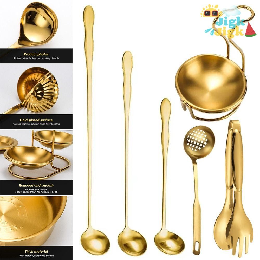JIGK 1 Cái Dụng Cụ Nhà Bếp, Bộ Đồ Ăn Lẩu Vàng Chống Trơn Trượt, Tay Cầm Thoải Mái Bền Đẹp Có Giá Để Đồ Thìa Gia Vị Bằng Thép Không Gỉ 304 Nướng BBQ