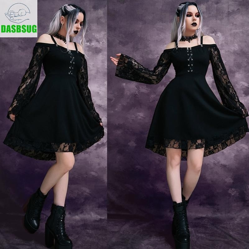 DASBSUG Nữ Gothic Chuông Tay Vai Cho Cross Strappy A-Line Midi Dress Partyw