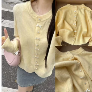 Áo khoác Cardigan len vàng pastel phối cúc nơ hàng QCCC phong cách thu đông XIMIMI SP383