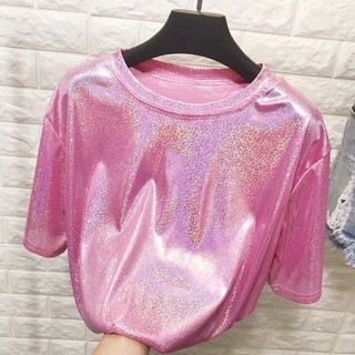 Áo lụa thời trang FUJIZOU, Áo thun nữ dáng rộng sáng bóng màu tím cổ điển, Sequins hồng thẩm mỹ ngọt ngào Bông tai Kẹp tay ngắn