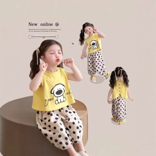 Bộ đồ bé gái mùa hè dễ thương - Áo thun in hình chó + quần chấm bi rộng rãi