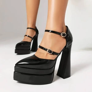 SKMY34-43 Kích Thước Lớn Mũi Nhọn Đế Dày Bằng Sáng Chế Da Nông Miệng Bên Rỗng Khóa Dây Sandal Thời Trang Dày Cao Gót Hộp Đêm Dây Lưng Mô Hình