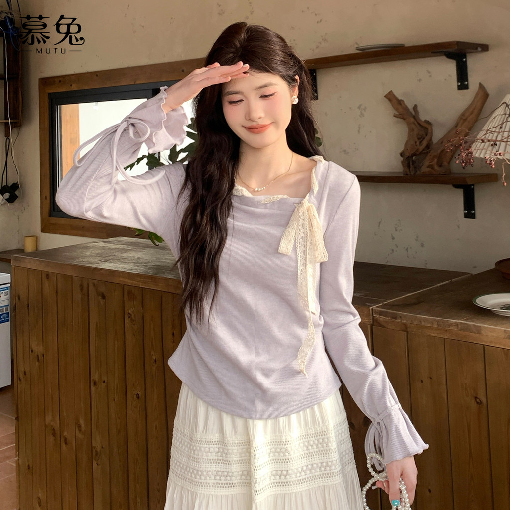 Mutu Pháp Cổ Chữ Thập Nơ Ren-Up Top Nữ Mùa Xuân 2026 Phong Cách Mới Sang Trọng Đẹp Móc Eo Áo Thun Dài Tay