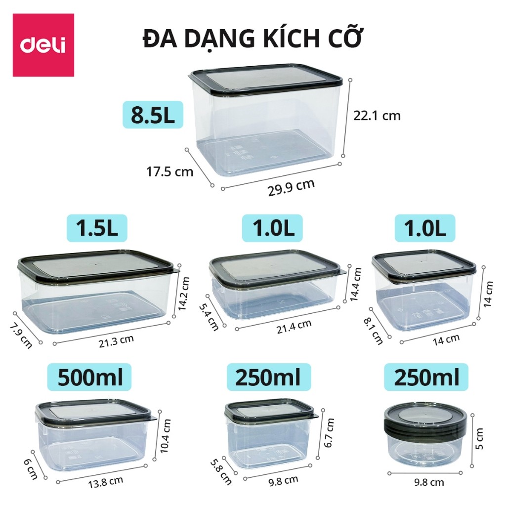 Bộ Hộp 15 Chi Tiết Hộp Đựng Thực Phẩm DELIxVUSIGN Đầy Đủ Size Từ 250-8500ml Dùng Cho Lò Vi Sóng, Máy Rửa Bát