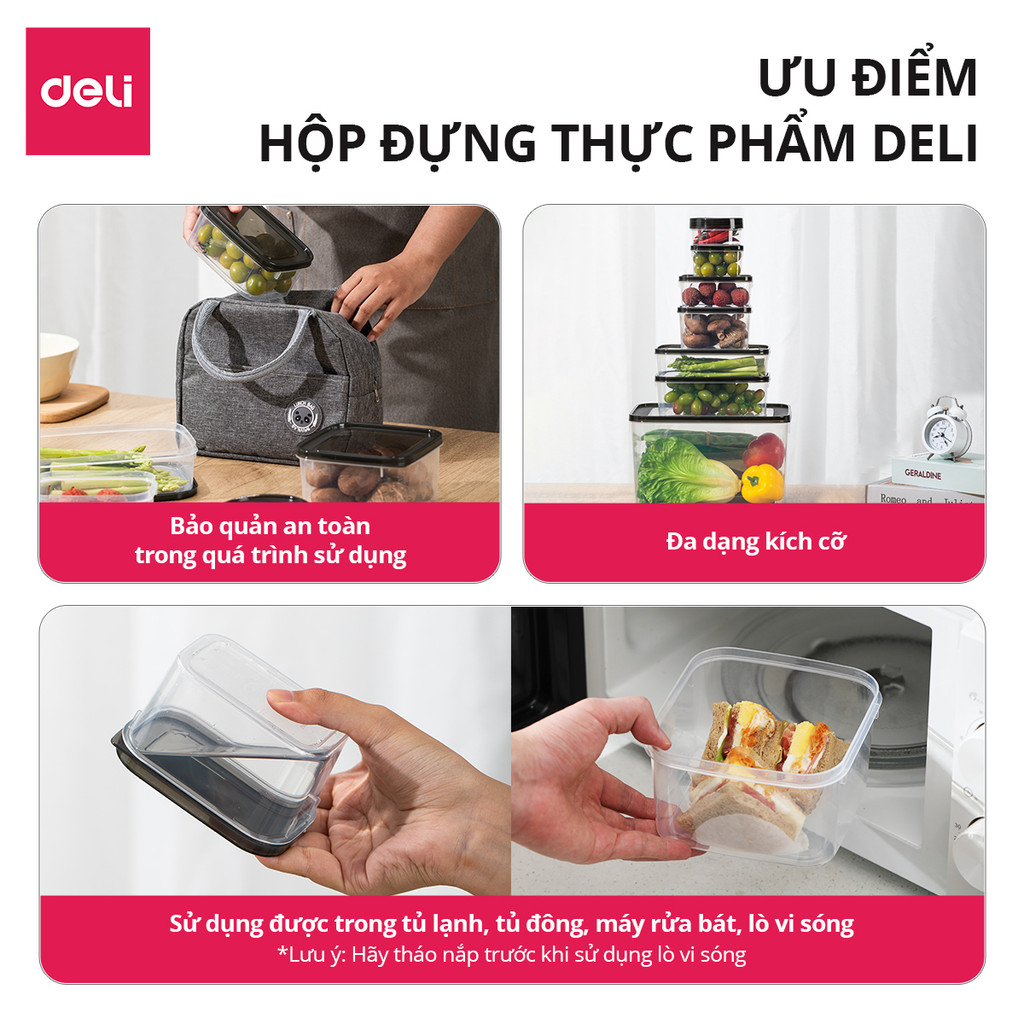 Bộ Hộp 15 Chi Tiết Hộp Đựng Thực Phẩm DELIxVUSIGN Đầy Đủ Size Từ 250-8500ml Dùng Cho Lò Vi Sóng, Máy Rửa Bát