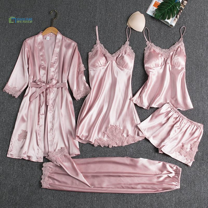 [Dream] Bộ đồ ngủ áo choàng lụa 5PC Bộ đồ ngủ ren Satin cho nữ Bộ áo choàng cổ chữ V Cami Nighties Mặc Pijama Home Váy ngủ mùa xuân mới