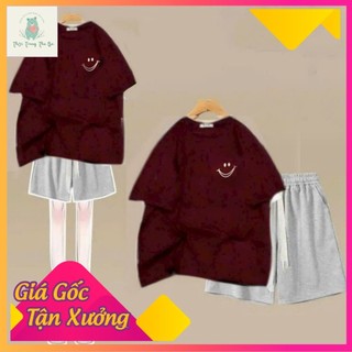 Sét Bộ Quần đùi trơn + mix áo phông form rộng-mặt cười in ngực-