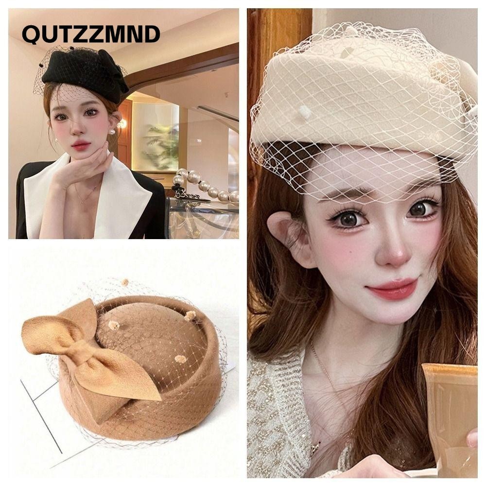 QUTZZMND Mũ Nơ Có Veil, Len Cashmere Phong Cách Anh Quốc Mũ Fascinator, Tính Khí Cô Dâu Nữ Trang Trọng Mũ