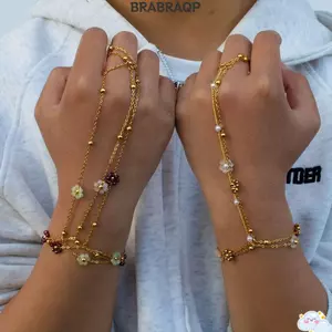 Vòng tay dây chuyền tay BRABRAA, Vòng tay ngón tay bằng thép không gỉ quyến rũ thời trang, Thiết kế hoa thời trang Phong cách Y2K Hạt pha lê đầy màu sắc Dây chuyền ngón tay mùa hè