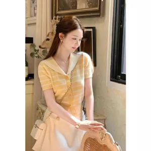Phiên bản Hàn Quốc Phong cách Preppy Retro Đen Trắng sọc Áo len cổ hải quân Áo len dệt kim hàng đầu giảm tuổi