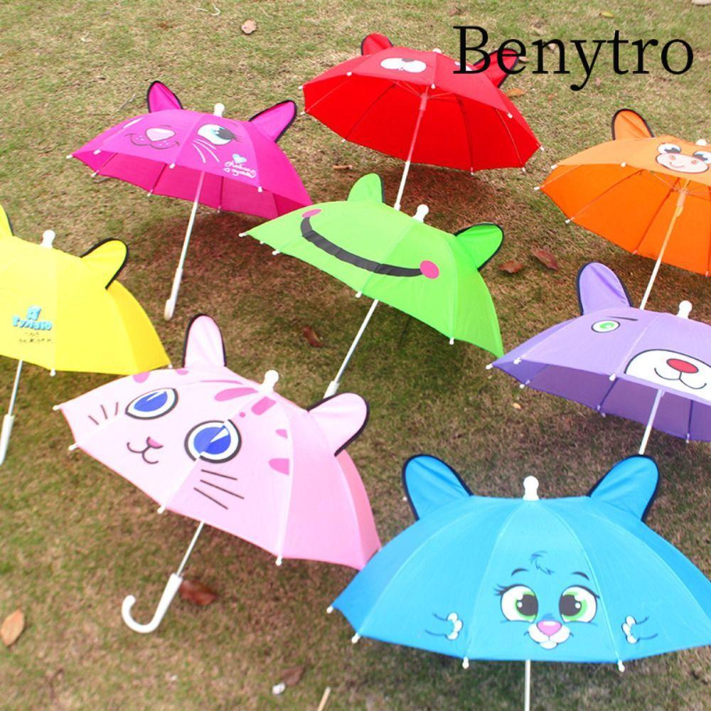 Ô dù trẻ em BENYTRO, Dụng cụ đi mưa búp bê nhiều màu cầm tay dài, Mô hình tai họa tiết sáng tạo Phim hoạt hình trẻ em ô 1-3 tuổi