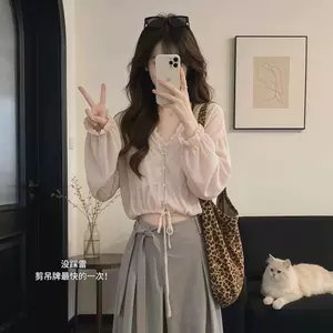 Áo sơ mi voan dài tay cổ chữ V ngọt ngào kiểu Hàn Quốc mùa hè Thiết kế áo sơ mi mỏng có dây buộc eo hẹp
