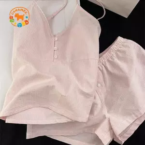 CANAMEK Suspender Quần Short Có Miếng Lót Ngực Bộ Đồ Ngủ Nữ Mùa Hè Sọc Ngọt Ngào Nhà Quần Áo Phù Hợp Với CSF