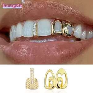 BORAGETE Hip Hop Răng Grillz, Lưới Tản Nhiệt Đồng Trái Tim Rỗng, Đôi Trái Tim Màu Vàng Sáng Bóng Răng Mũ Trang Sức Răng