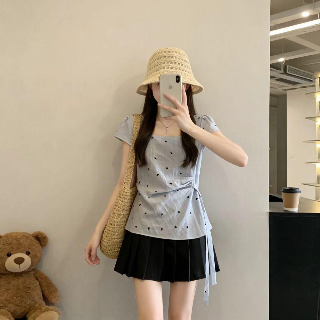[Ưu đãi đặc biệt trong thời gian có hạn] Áo sơ mi ngắn tay tình yêu ngọt ngào phong cách nữ tính mùa hè béo MM Phiên bản Hàn Quốc Cổ vuông không đều có dây buộc