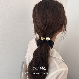 Dây buộc tóc nữ nơ đen ngọc trai, co giãn, phong cách cao cấp
