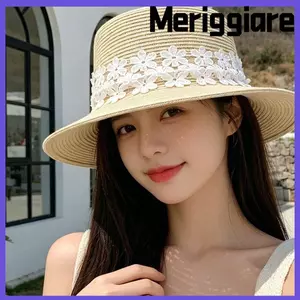 Mũ Rơm MERIGGIARE, Mũ Dệt Vành Rộng Chống Nắng, Mũ Che Nắng Ren Hoa Thanh Lịch Ngày Lễ