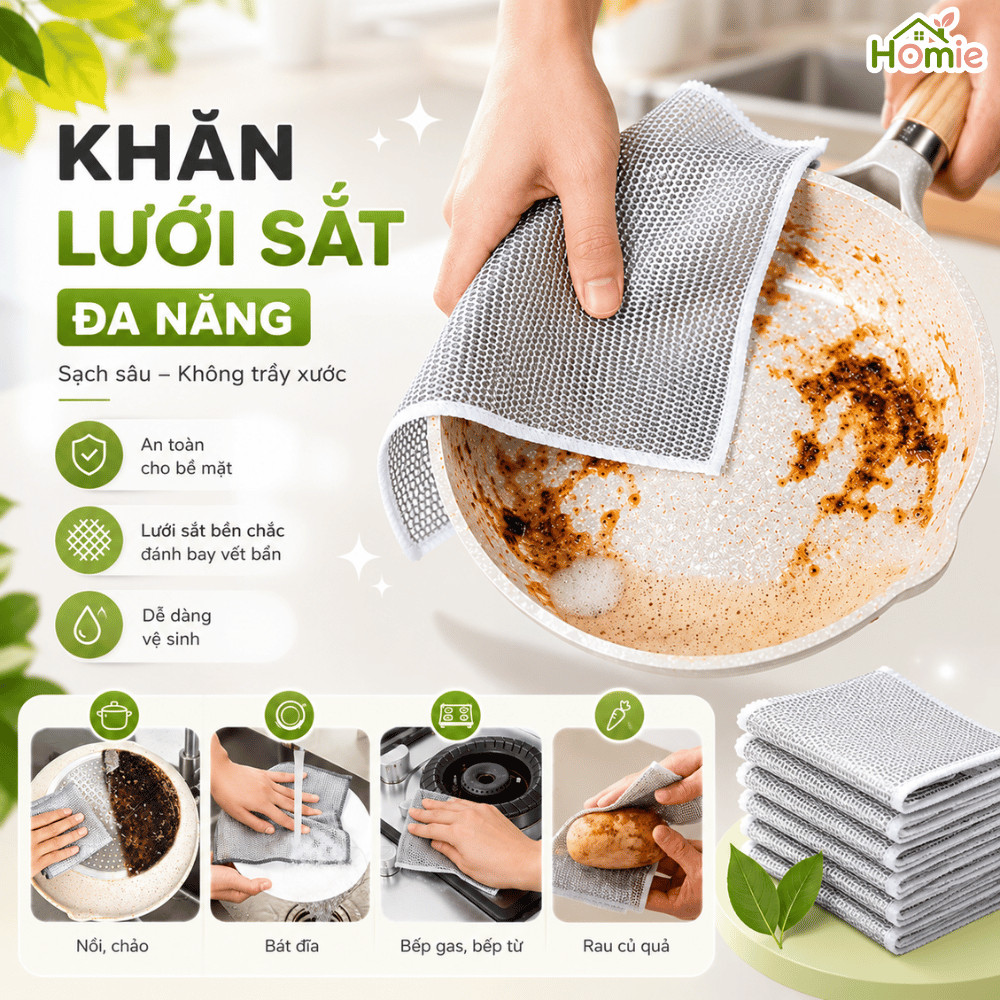 Khăn Lưới Cọ Rửa, Lau Chén Dĩa Chất Liệu Sợi Kim Loại Chống Bám Dầu HOMIE