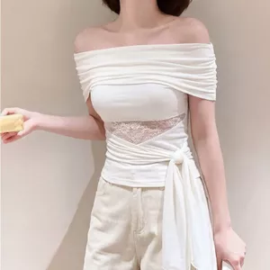 Áo thun ngắn tay kiểu Pháp Pure Desire Ren khâu vai nghiêng dành cho nữ Thiết kế mùa hè có dây Slim