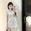 Mùa hè Phong cách mới tay phồng eo hẹp Slim-fit Pháp cổ chữ V khâu ren váy ngắn tính khí