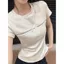 Thiết kế nơ rỗng Áo thun ngắn tay Cotton mịn dành cho nữ Mùa hè Phong cách mới Phù hợp với cổ tròn viền ren mỏng