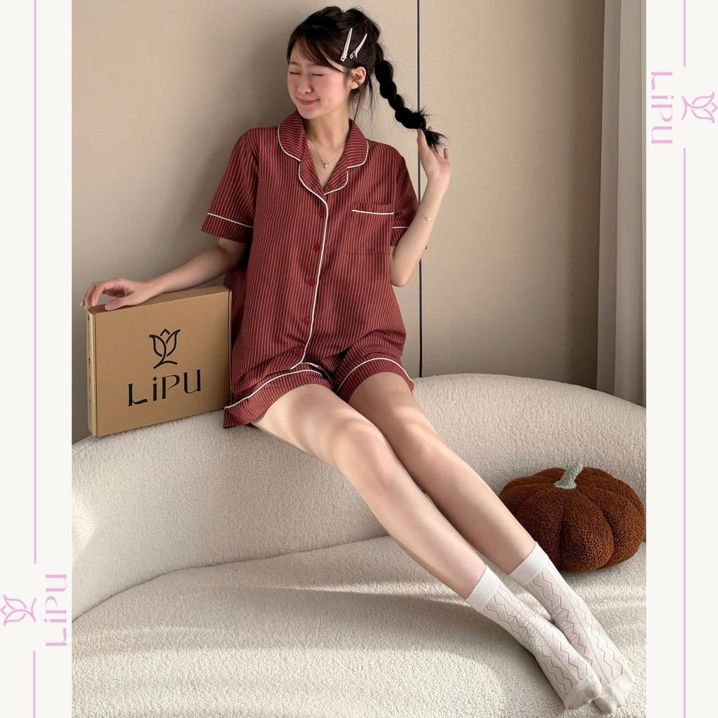 Set Pyjama Cộc Tay Sọc Tăm Phối Viền S04 LIPU