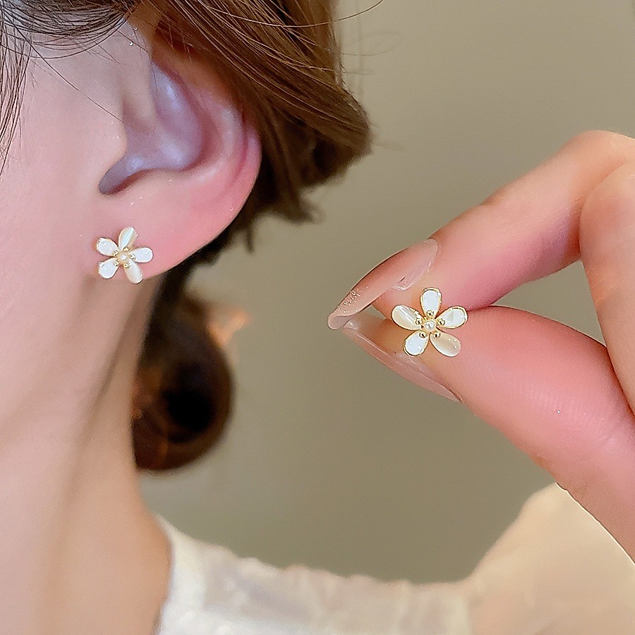 Bông tai kim bạc mắt mèo ngọc trai, thiết kế nhỏ tinh tế, nhẹ sang trọng