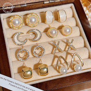Bộ Bông Tai Ngọc Trai Mặt Cười Kim Cương Giả Mặt Trăng Kim Cương Giả Phụ Kiện Hàng Ngày Ngọt Ngào Cho Nữ