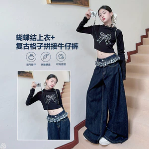 Bé Gái Nơ Thắt Nơ Kim Cương Nóng Áo Thun Dài Tay Xuân Thu Trẻ Em Thời Trang Ngắn Top