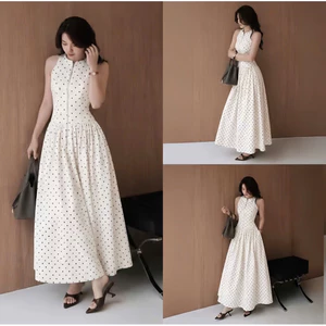 chấm bi sát nách dáng dài xoè, dự tiệc khoá trước hoạ tiết nhẹ nhàng thanh lịch SML AL BYJOLIE