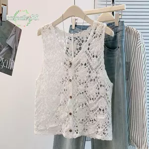 CATMALLER88 Áo Cardigan rỗng, Áo vest móc dáng rộng họa tiết rỗng, Thiết kế nhiều lớp đa năng Boho Áo vest hoa trang phục kỳ nghỉ