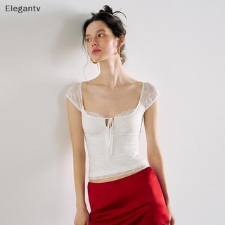 EGN Áo Thun Nữ Mùa Hè Thiết Kế Ren Nối Thẳng Vai