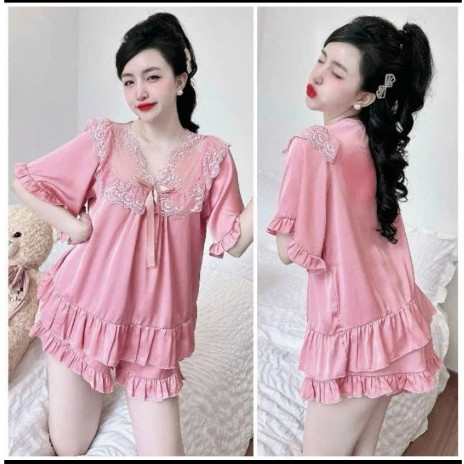 Set Đồ Bộ Pijama Tiểu Thư Quần Đùi Ngắn Tay, Kiểu Phối Ren Chất Lụa Satin Đẹp Mát Mẽ (Có Bigsize) PJ013  - Emxinhbigsize