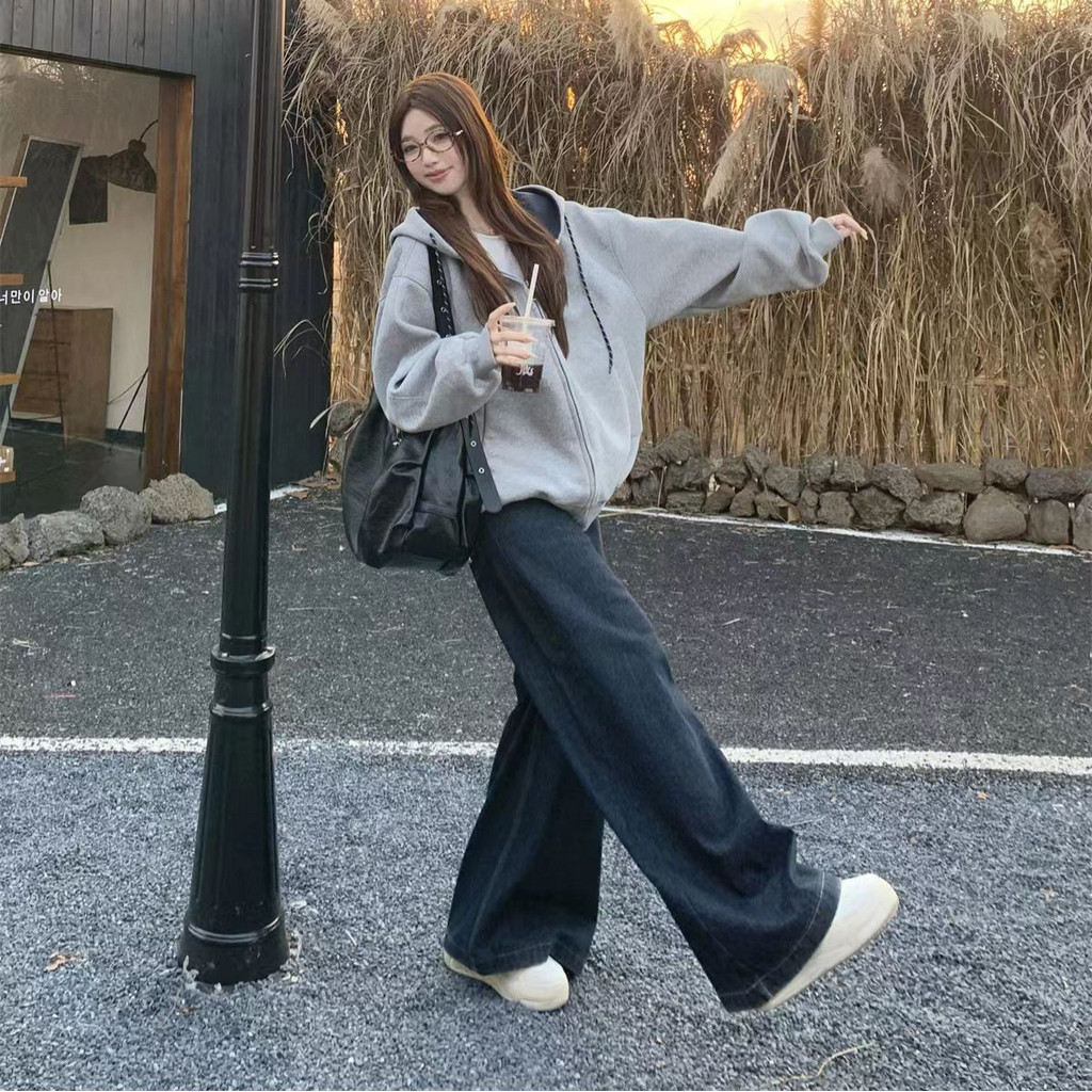 【Hot Trend】Áo Hoodie Nữ Màu Xám Phong Cách Hàn Quốc Có Mũ Trùm Khóa Kéo Thu Đông