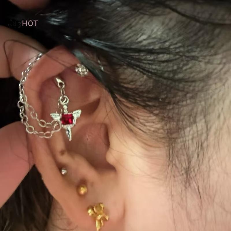 Bông tai nam nữ điệu gothic màu bạc với zircon và đinh tán xương, phù hợp xu hướng Y2K - Massivedeals