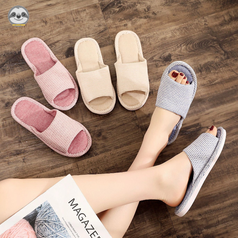 Phong cách Nhật Bản Phong cách Muji / Dép cặp đôi vải lanh sọc / Dép sandal gia đình dày dặn trong nhà / Dép tắt tiếng sàn gỗ