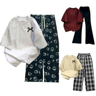 Sét bộ quần ống rộng cạp cao +mix áo phông form rộng tay lỡ- in chữ dấu X NGỰC-