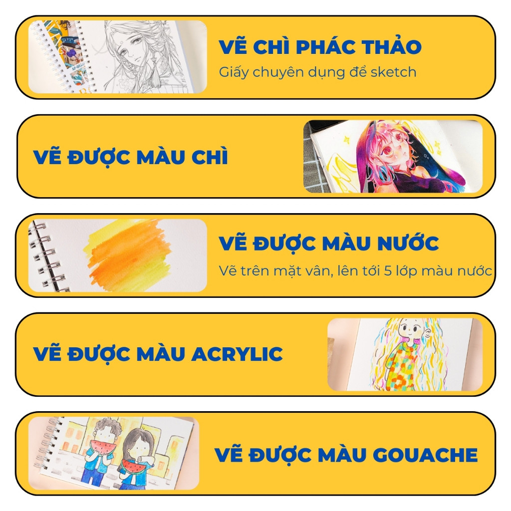 Sổ Vẽ Sketchbook 230GSM Sô Vẽ Màu Nước, Giấy Có Vân Ăn Chì Lên Màu Tốt, Sổ Vẽ Phác Thảo A4 A5  Bìa Cứng 60Trang -AT