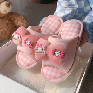 XIXITIAO Vải Lanh Cotton Dép Nữ Sanrio Sáng Tạo Kẻ Sọc Phẳng Nhà Thoải Mái Nhẹ Bốn Mùa Đa Năng
