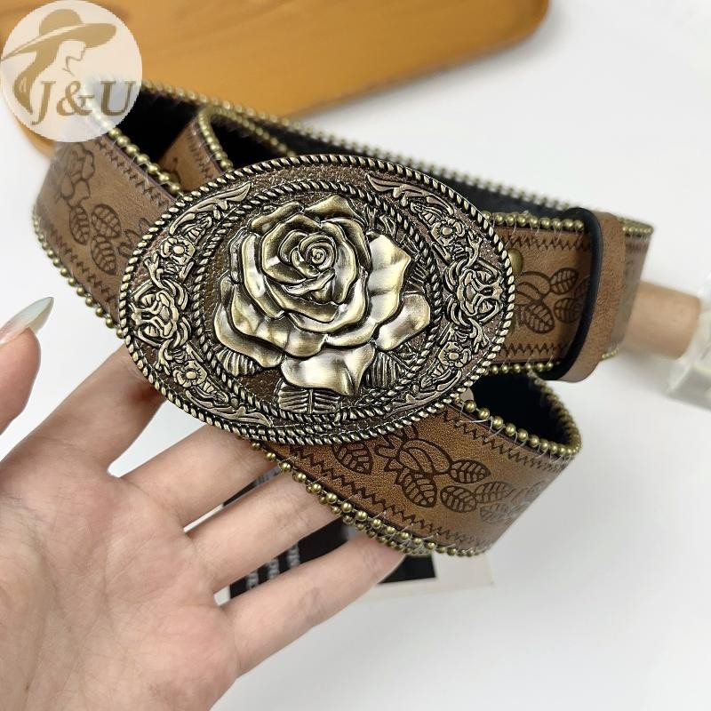 JU Thắt lưng boho rộng da nhân tạo, style vintage khắc khóa, màu nâu nổi, phù hợp với quần jean