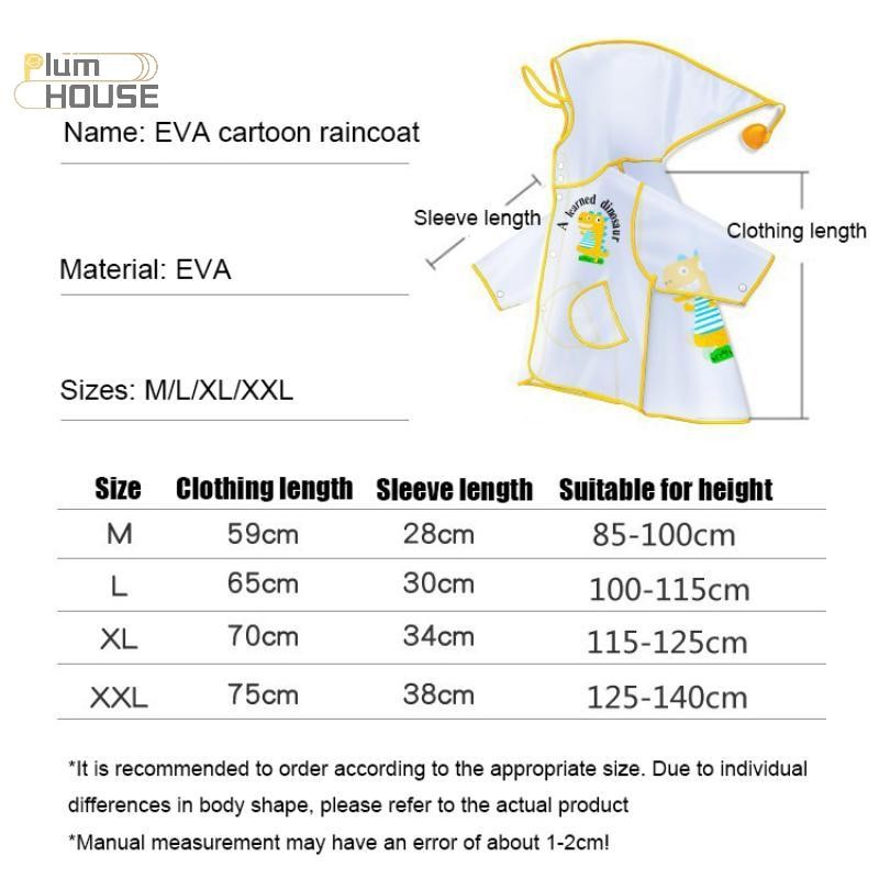 PlumHOUSE Trẻ Em EVA Hoạt Hình Áo Mưa Chống Thấm Nước Nhẹ Áo Mưa Cho Bé Trai Bé Gái Mẫu Giáo Trường Chơi Ngoài Trời Đen Vàng Hồng VN