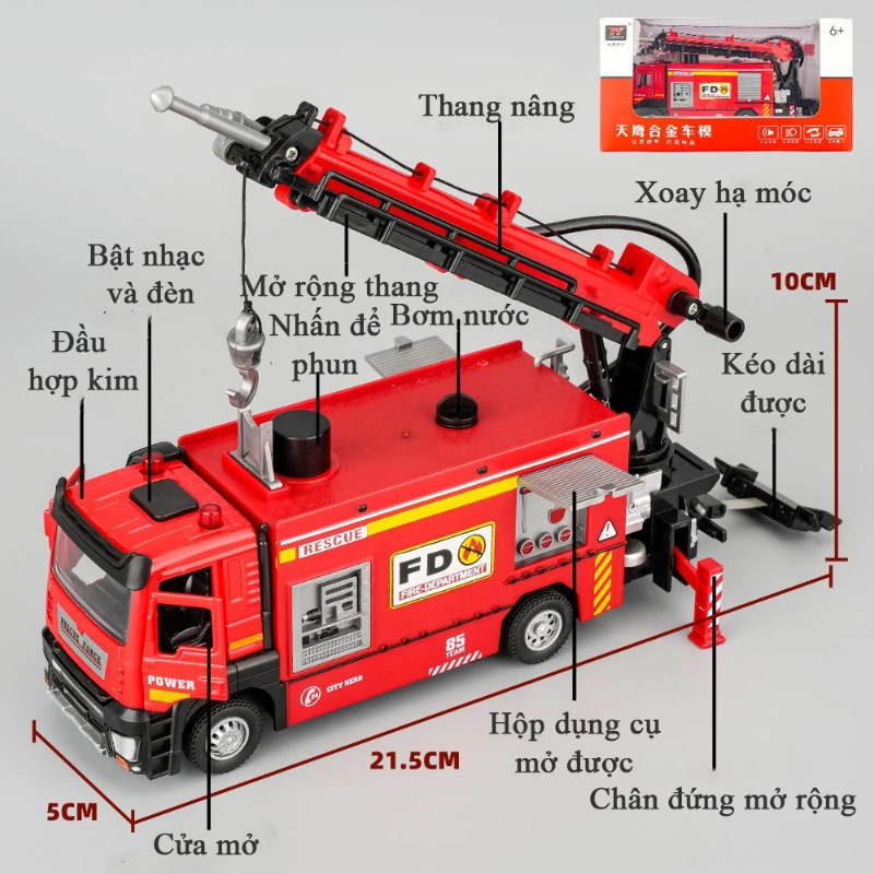 Đồ chơi xe cứu hoả 3 trong 1, bằng hợp kim, phun được nước, có nhạc đèn, kèm ròng rọc và thang nâng hạ