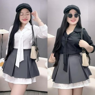 Set Bộ Bigsize Nữ Công Sở Áo Sơ Mi Kèm Cà Vạt Phối Chân Váy A Tennis Lưng Cao Tôn Dáng Có Bảo Hộ - SET( SM168+CV421)