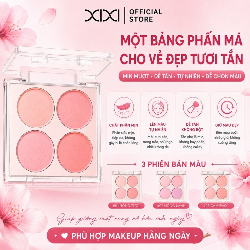 XIXI D674 Bảng Má Hồng 4 Ô Blush Tự Nhiên, Phấn Má Mịn Nhẹ Dễ Tán, Trang Điểm Má Hồng Trong Trẻo
