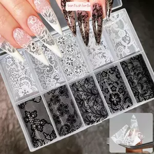 ITRUMPET Dán Móng Tay, Da Báo In Ren Thiết Kế Lá Móng Tay, Thời Trang Đen Trắng Hiệu Ứng Sequin Sọc Họa Tiết Móng Tay Nghệ Thuật Dán Trang Trí Móng Tay