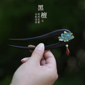 WHX-13CM Kẹp Tóc Xanh Hình Chữ U Tua Rua Kẹp Tóc Cổ Kẹp Tóc Cây Mun Ngắn Hai Mặt Sen Cloisonne Kẹp Tóc